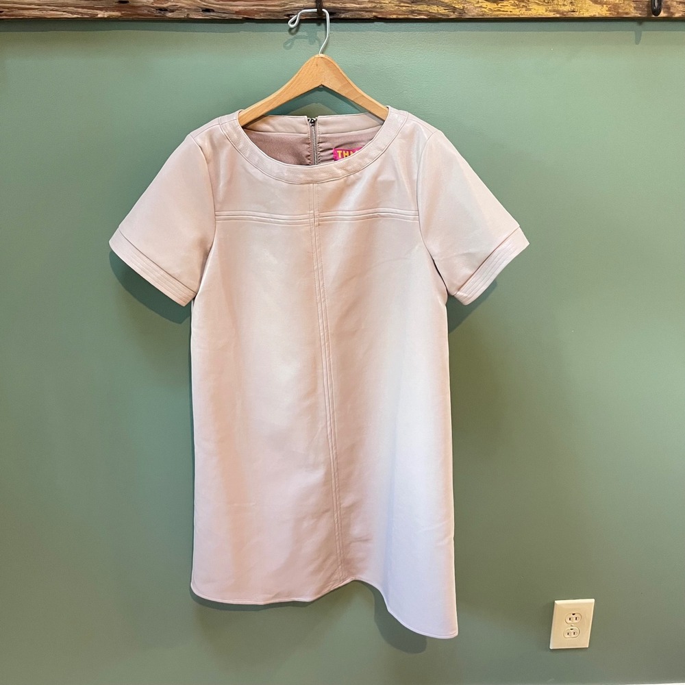 THML Liz Leather Dress Small Beige Shift Short Sleeve Zipper Back Occasion